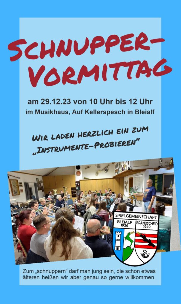 Schnuppervormittag am 29.12.2023 von 10-12Uhr im Musikhaus, Auf Kellerpesch in Bleialf